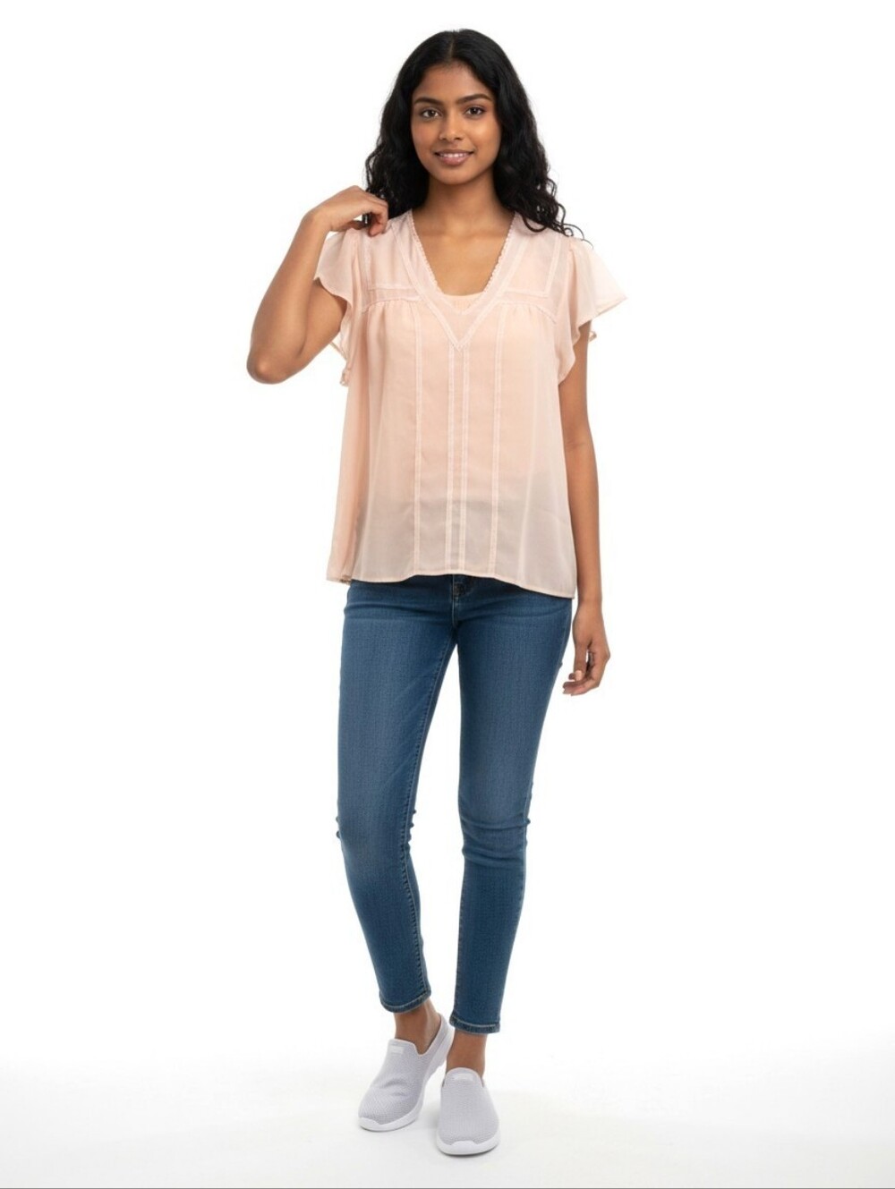 1. State Peach Cap Sleeves Sheer Chiffon Top V-neck Lace Trim Detail Lined Sz LG